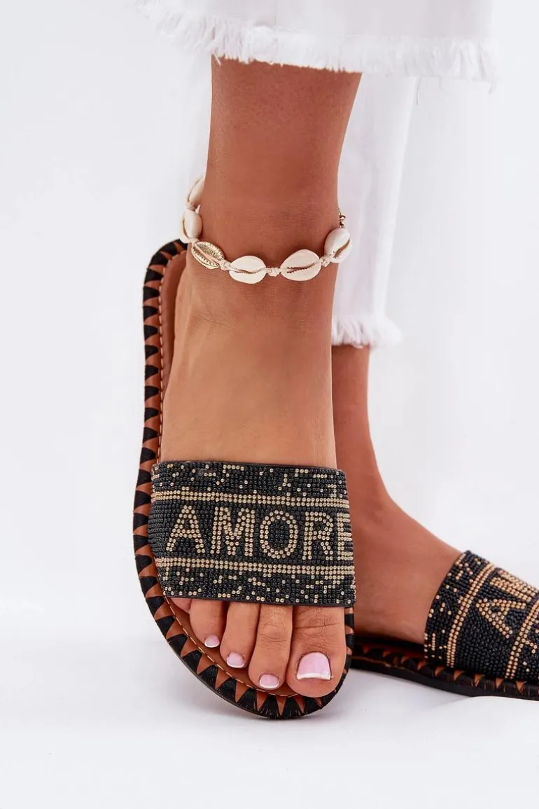 Klapki Damskie Na Płaskim Obcasie Ze Zdobieniem Czarne Dorfedi