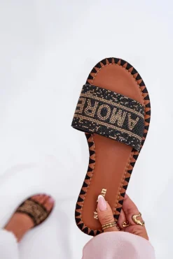 Klapki Damskie Na Płaskim Obcasie Ze Zdobieniem Czarne Dorfedi