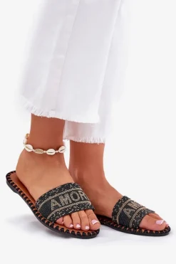 Klapki Damskie Na Płaskim Obcasie Ze Zdobieniem Czarne Dorfedi