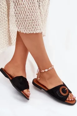 Klapki Damskie Na Płaskim Obcasie Z Klamrą Czarne Lanoni