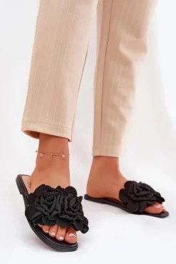 Klapki Damskie Na Płaskim Obcasie Z Ozdobnymi Kwiatami Czarne Misorsse