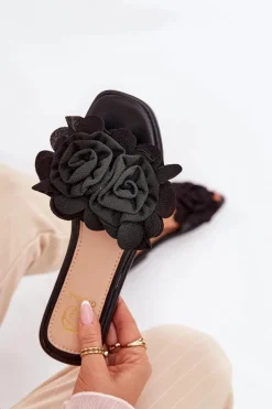 Klapki Damskie Na Płaskim Obcasie Z Ozdobnymi Kwiatami Czarne Misorsse