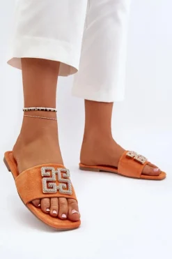 Klapki Damskie Na Płaskim Obcasie Z Ozdobą Pomarańczowe Inaile