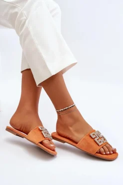 Klapki Damskie Na Płaskim Obcasie Z Ozdobą Pomarańczowe Inaile