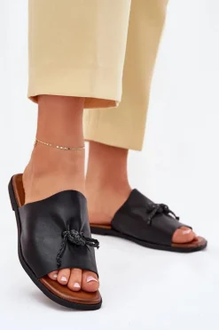 Klapki Damskie Na Płaskim Obcasie Z Ozdobnym Wiązaniem Czarne Norela