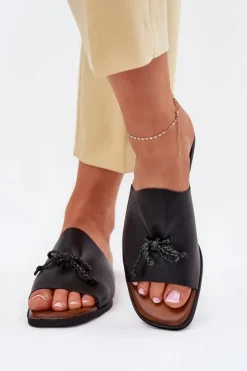 Klapki Damskie Na Płaskim Obcasie Z Ozdobnym Wiązaniem Czarne Norela