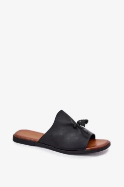 Klapki Damskie Na Płaskim Obcasie Z Ozdobnym Wiązaniem Czarne Norela