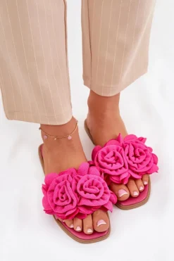 Klapki Damskie Na Płaskim Obcasie Z Ozdobnymi Kwiatami Fuksja Misorsse