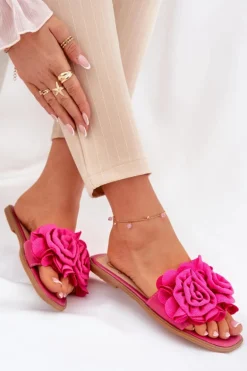 Klapki Damskie Na Płaskim Obcasie Z Ozdobnymi Kwiatami Fuksja Misorsse