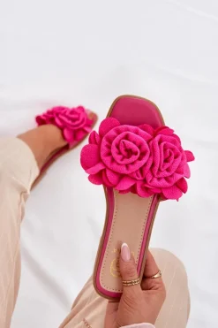 Klapki Damskie Na Płaskim Obcasie Z Ozdobnymi Kwiatami Fuksja Misorsse