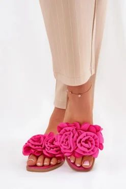 Klapki Damskie Na Płaskim Obcasie Z Ozdobnymi Kwiatami Fuksja Misorsse