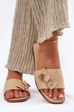 Klapki Damskie Na Płaskim Obcasie Z Kokardą Beżowe Sallariela