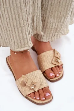 Klapki Damskie Na Płaskim Obcasie Z Kokardą Beżowe Sallariela