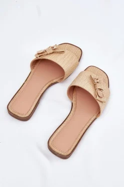 Klapki Damskie Na Płaskim Obcasie Z Kokardą Beżowe Sallariela