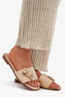 Klapki Damskie Na Płaskim Obcasie Z Kokardą Beżowe Sallariela