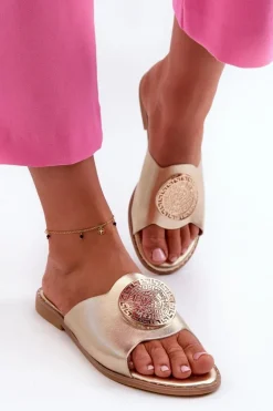 Klapki Damskie Na Płaskim Obcasie Z Ozdobą Złote Rivashea