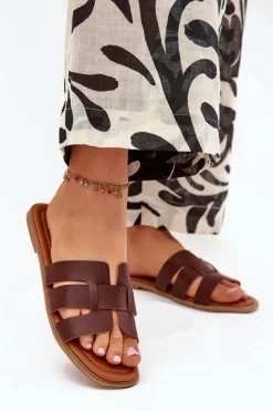 Klapki Damskie Na Płaskim Obcasie Ciemnobrązowe Mirona