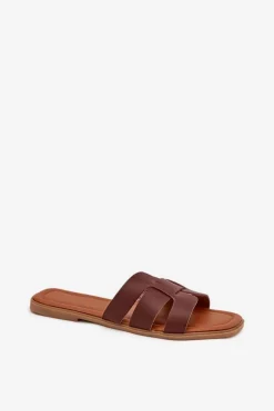 Klapki Damskie Na Płaskim Obcasie Ciemnobrązowe Mirona