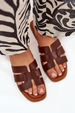 Klapki Damskie Na Płaskim Obcasie Ciemnobrązowe Mirona