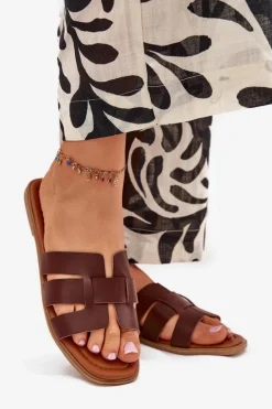 Klapki Damskie Na Płaskim Obcasie Ciemnobrązowe Mirona