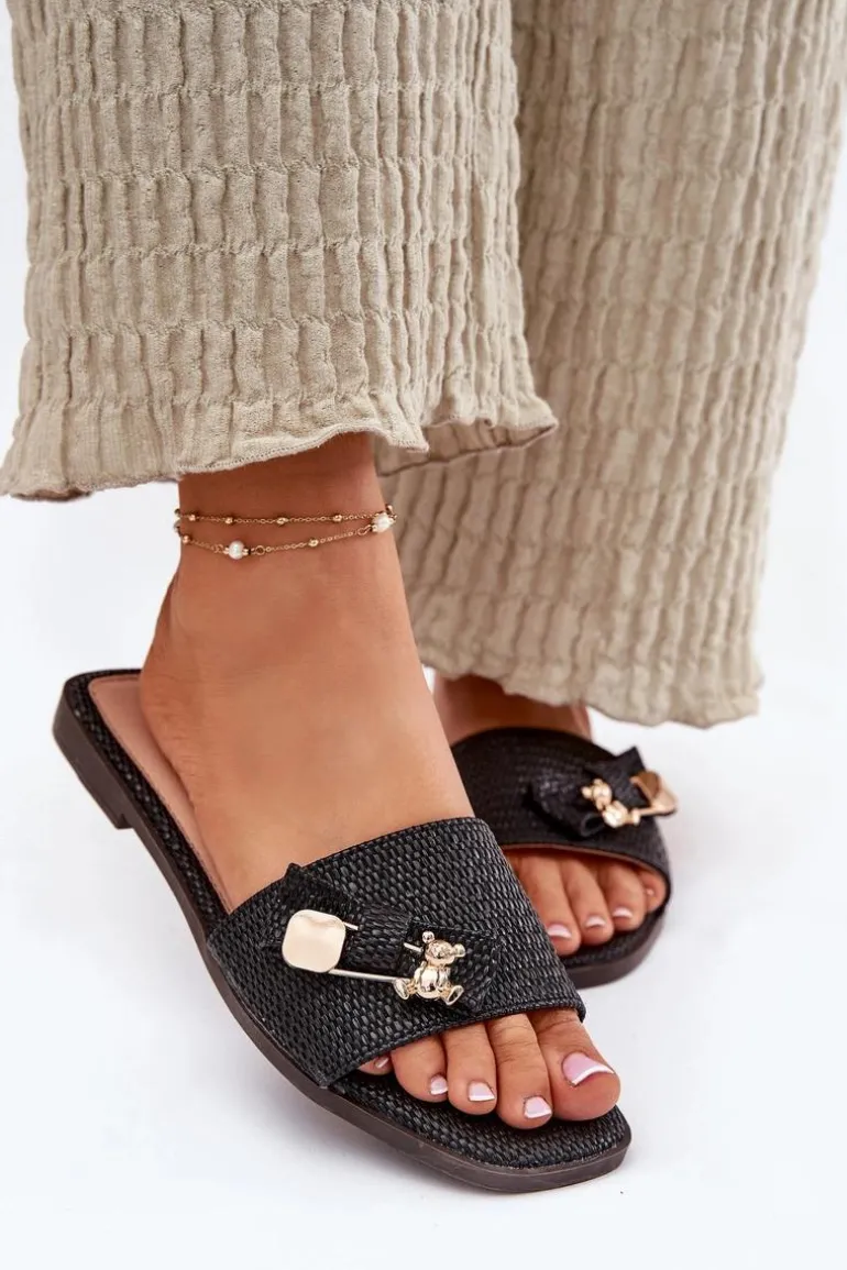 Klapki Damskie Na Płaskim Obcasie Z Kokardą Czarne Sallariela