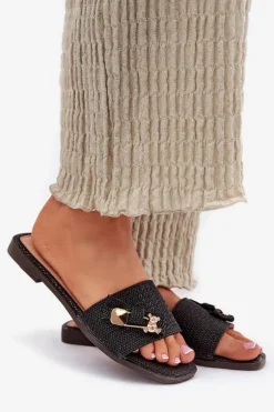 Klapki Damskie Na Płaskim Obcasie Z Kokardą Czarne Sallariela