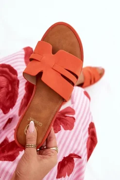 Klapki Damskie Na Płaskim Obcasie Z Wycięciami Eko Zamszowe Pomarańczowe Teterre