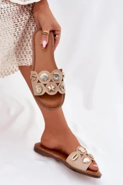 Klapki Damskie Na Płaskim Obcasie Ze Złotymi Przypinkami Beżowe Nalothiel