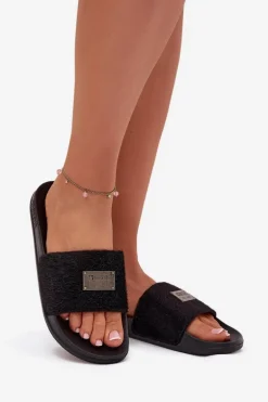 Klapki Damskie Na Piankowej Podeszwie Z Futerkiem Big Star SS274716 Czarne