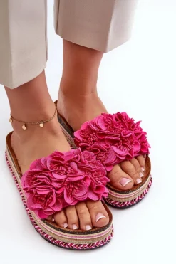 Klapki Damskie Na Platformie Ozdobione Kwiatkami Fuksja Nodina