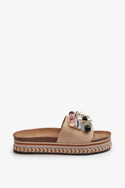 Klapki Damskie Na Platformie Z Ozdobami S.Barski HY077 Beżowe