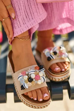 Klapki Damskie Na Platformie Z Ozdobami S.Barski HY077 Beżowe