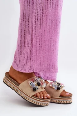 Klapki Damskie Na Platformie Z Ozdobami S.Barski HY077 Beżowe