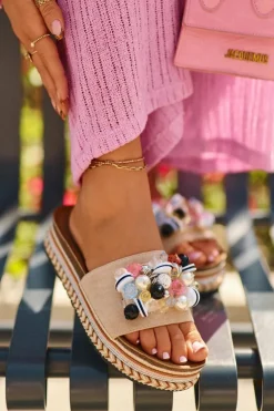 Klapki Damskie Na Platformie Z Ozdobami S.Barski HY077 Beżowe