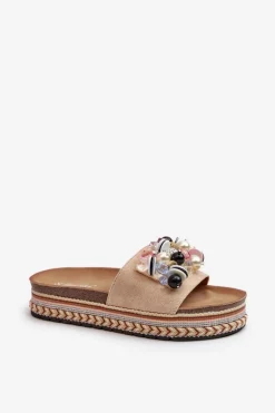 Klapki Damskie Na Platformie Z Ozdobami S.Barski HY077 Beżowe