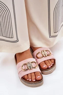 Klapki Damskie Na Platformie Z Brokatem I Złotą Ozdobą Różowe Rilirea