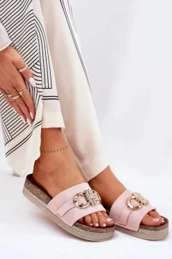 Klapki Damskie Na Platformie Z Brokatem I Złotą Ozdobą Różowe Rilirea