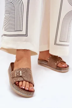 Klapki Damskie Na Platformie Z Klamrą I Ćwiekami Khaki Nusithia