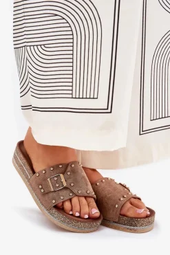 Klapki Damskie Na Platformie Z Klamrą I Ćwiekami Khaki Nusithia