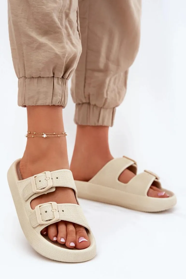 Klapki Damskie Na Platformie Z Klamrami Beżowe Nitiana