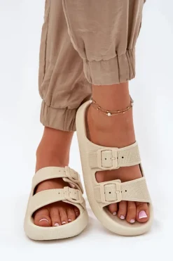 Klapki Damskie Na Platformie Z Klamrami Beżowe Nitiana