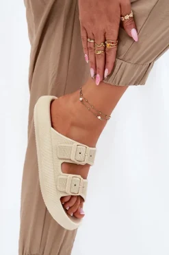 Klapki Damskie Na Platformie Z Klamrami Beżowe Nitiana