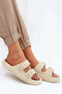 Klapki Damskie Na Platformie Z Klamrami Beżowe Nitiana