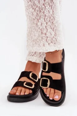 Klapki Damskie Na Platformie Ze Złotymi Klamrami Czarne Verena