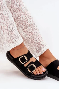 Klapki Damskie Na Platformie Ze Złotymi Klamrami Czarne Verena