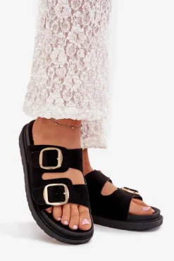 Klapki Damskie Na Platformie Ze Złotymi Klamrami Czarne Verena