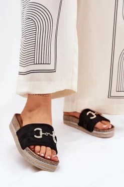 Klapki Damskie Na Platformie Ze Złotą Ozdobą I Brokatem Czarne Morisela