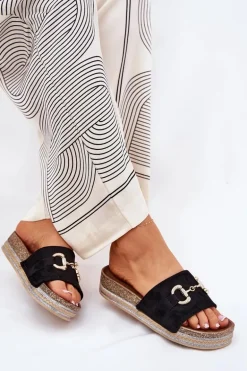 Klapki Damskie Na Platformie Ze Złotą Ozdobą I Brokatem Czarne Morisela