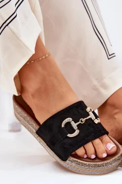 Klapki Damskie Na Platformie Ze Złotą Ozdobą I Brokatem Czarne Morisela