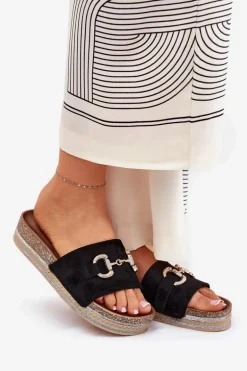 Klapki Damskie Na Platformie Ze Złotą Ozdobą I Brokatem Czarne Morisela